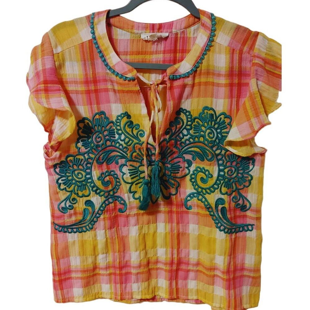 Anthropologie THML Women's Top Gingham Ruffled Sleeve Embroidered Small